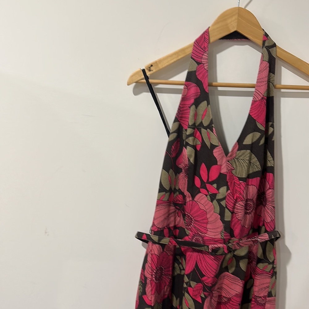• David Meister • Floral Pink Dark Brown Halter Neck Knee Length Dress 4 Belted - Picture 3 of 5